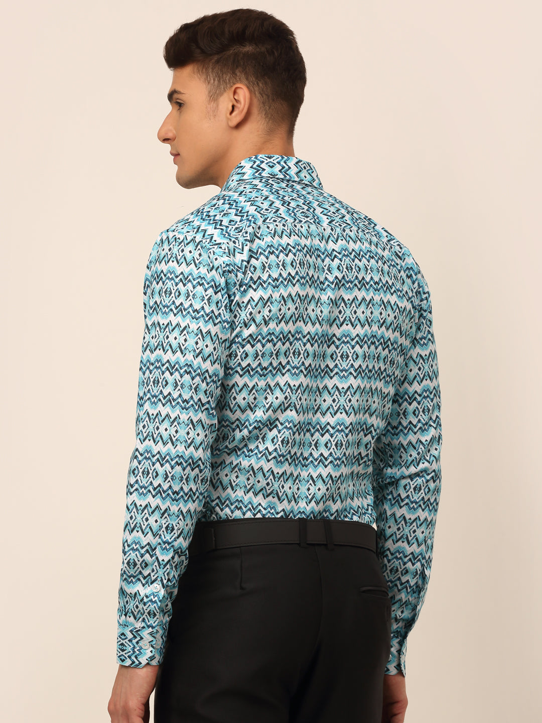 Jainish Men's Cotton Printed Formal Shirts - Sky Blue | Grocsy