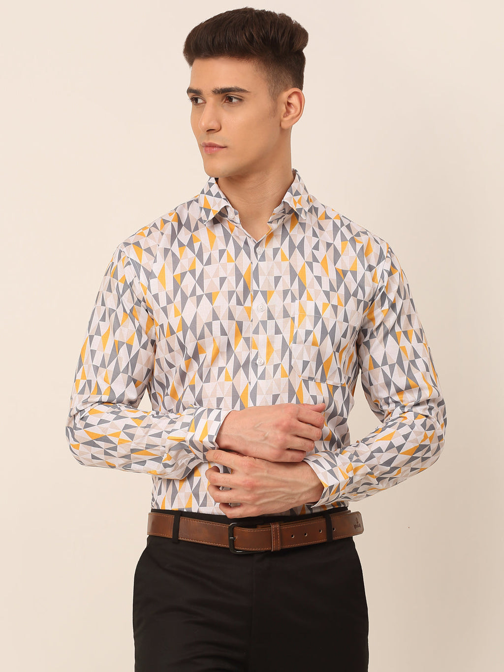 Jainish Men's Cotton Printed Formal Shirts - White-Grey | Grocsy