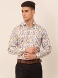 Jainish Men's Cotton Printed Formal Shirts - White-Grey | Grocsy