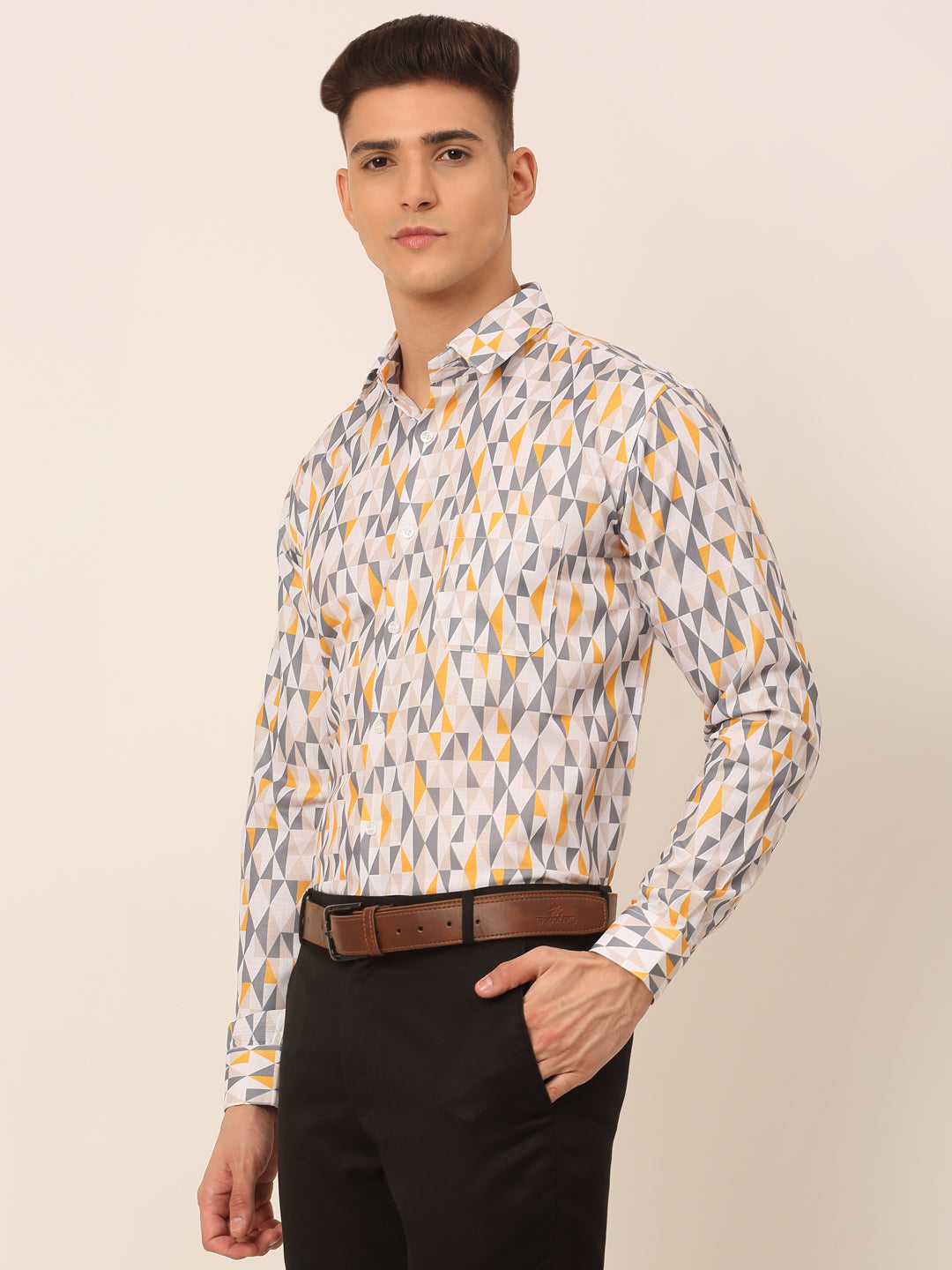 Jainish Men's Cotton Printed Formal Shirts - White-Grey | Grocsy