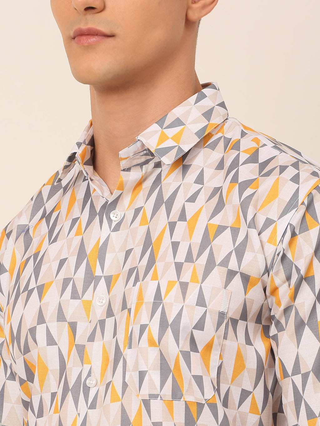 Jainish Men's Cotton Printed Formal Shirts - White-Grey | Grocsy