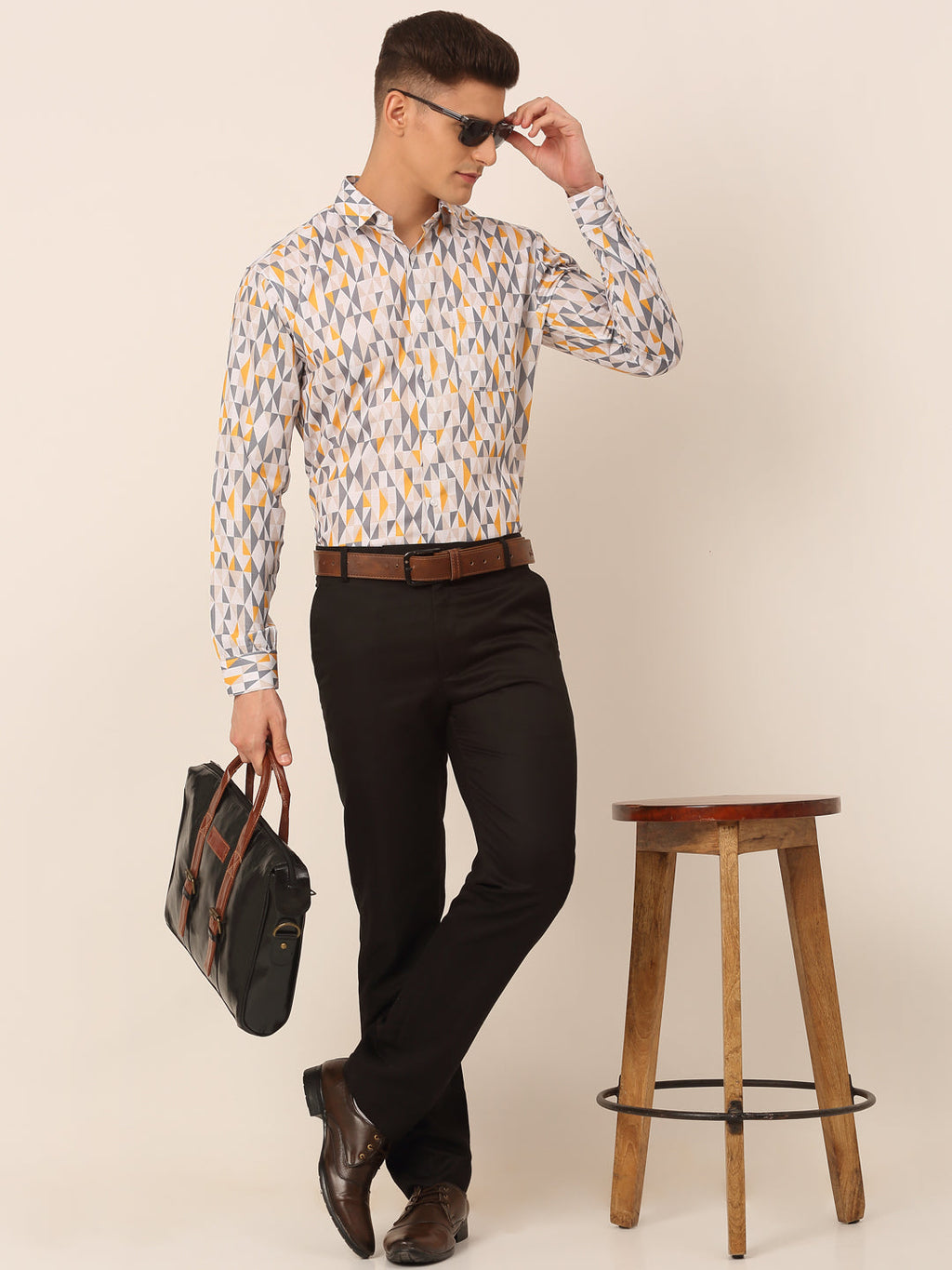 Jainish Men's Cotton Printed Formal Shirts - White-Grey | Grocsy