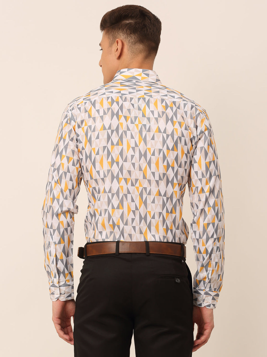 Jainish Men's Cotton Printed Formal Shirts - White-Grey | Grocsy