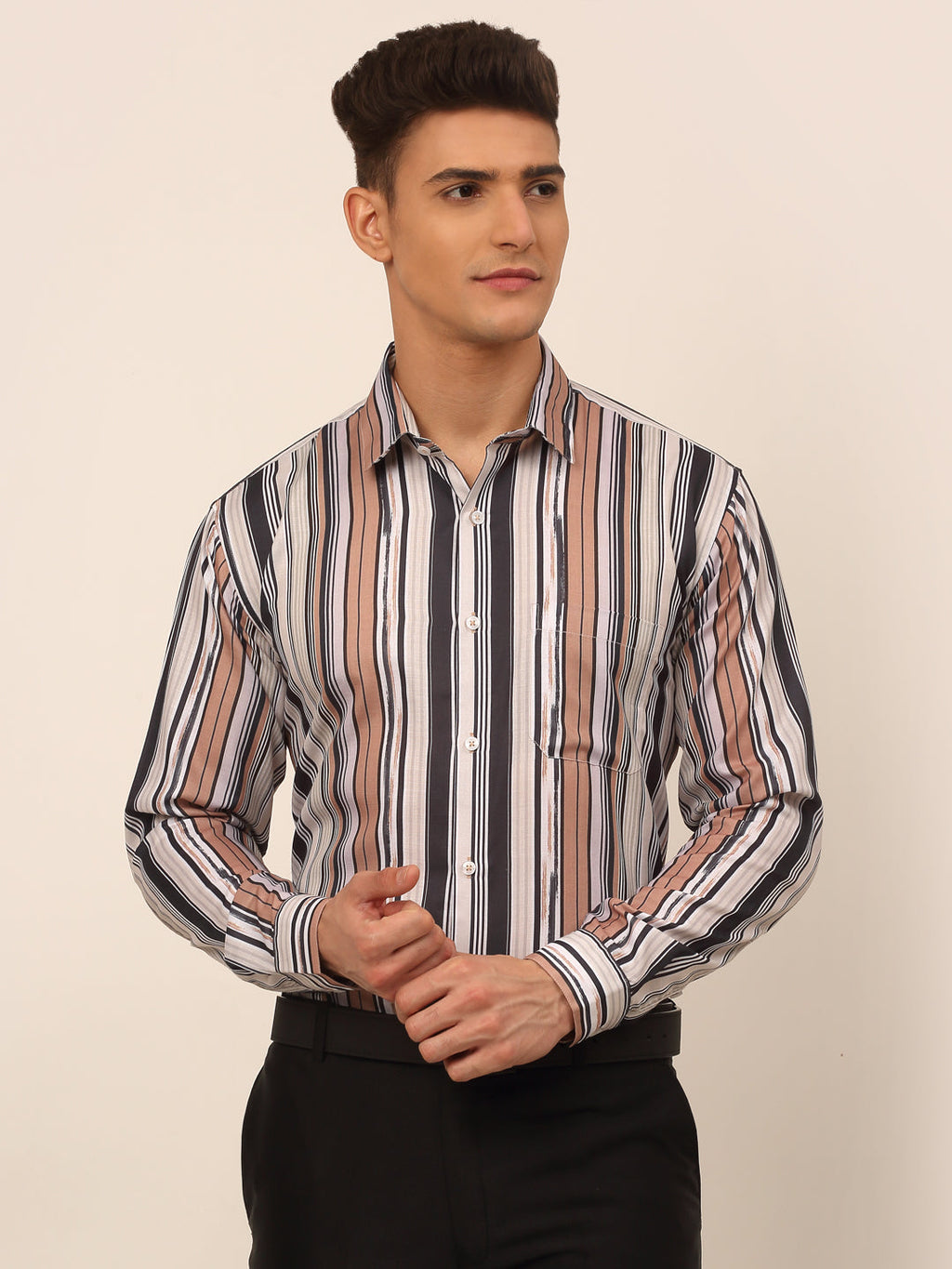 Jainish Men's Cotton Striped Formal Shirts - Brown | Grocsy