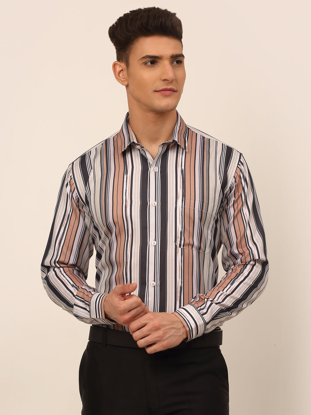 Jainish Men's Cotton Striped Formal Shirts - Brown | Grocsy