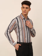 Jainish Men's Cotton Striped Formal Shirts - Brown | Grocsy
