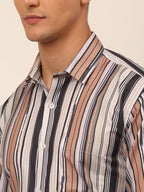 Jainish Men's Cotton Striped Formal Shirts - Brown | Grocsy