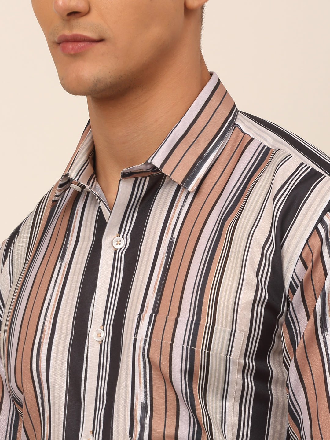 Jainish Men's Cotton Striped Formal Shirts - Brown | Grocsy
