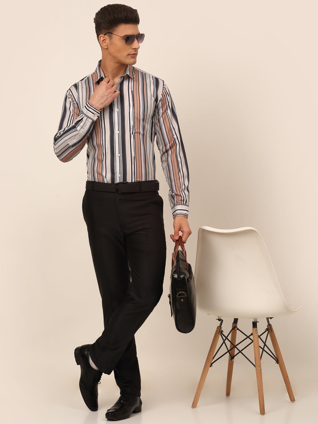 Jainish Men's Cotton Striped Formal Shirts - Brown | Grocsy