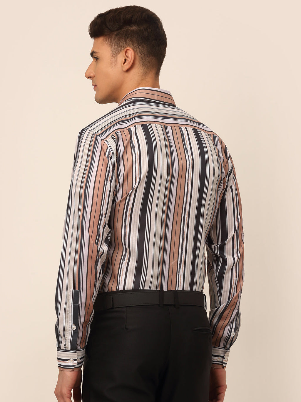 Jainish Men's Cotton Striped Formal Shirts - Brown | Grocsy