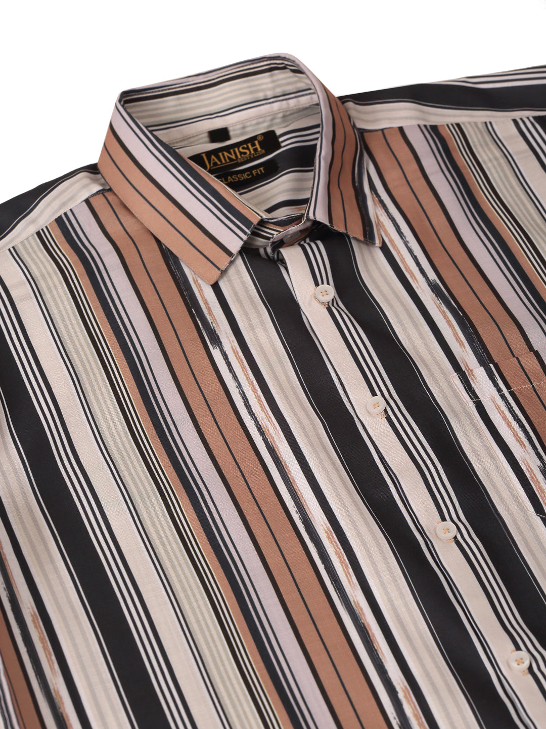 Jainish Men's Cotton Striped Formal Shirts - Brown | Grocsy