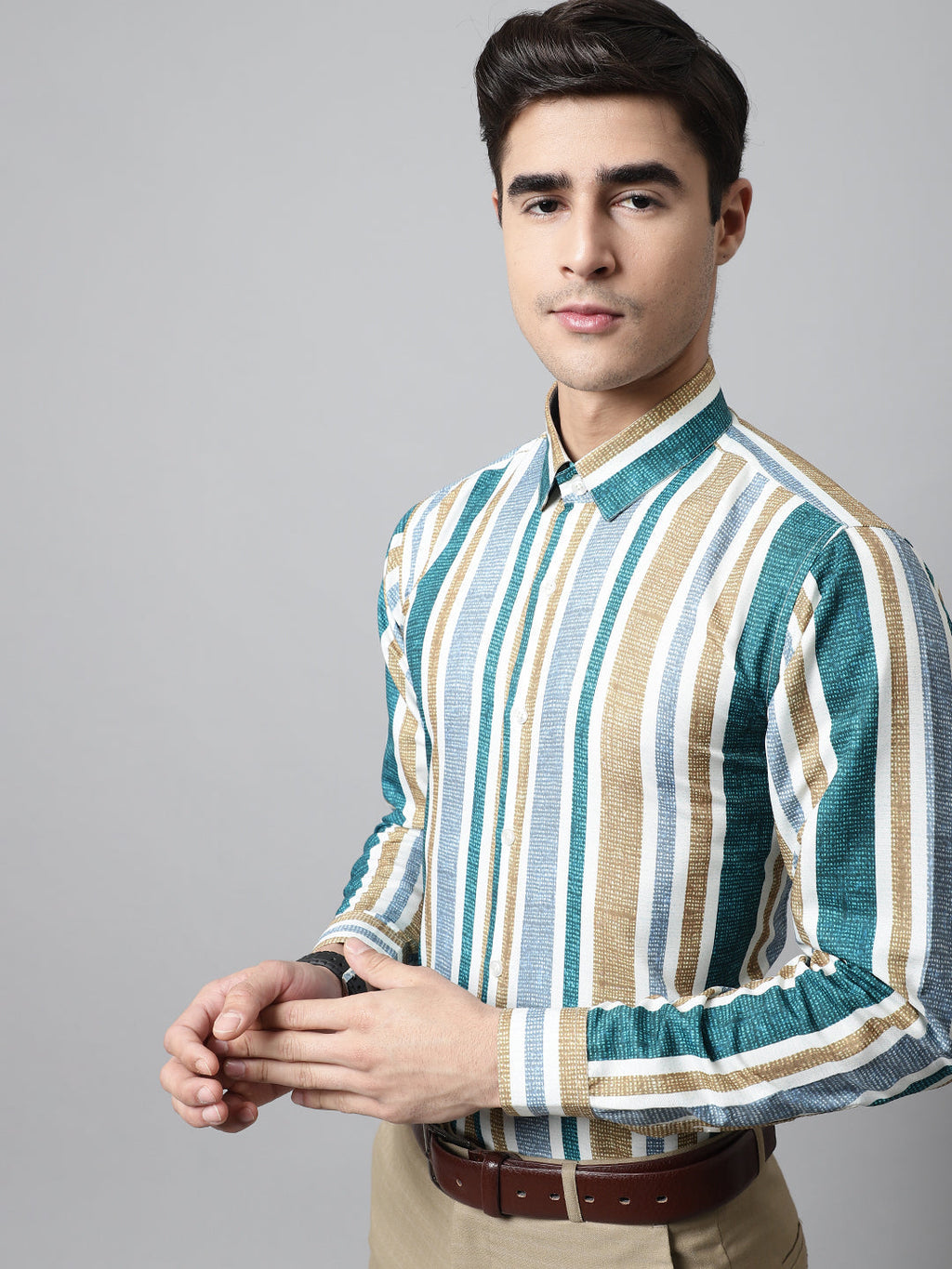 Jainish Men's Green Classic Striped Formal Shirt | Grocsy