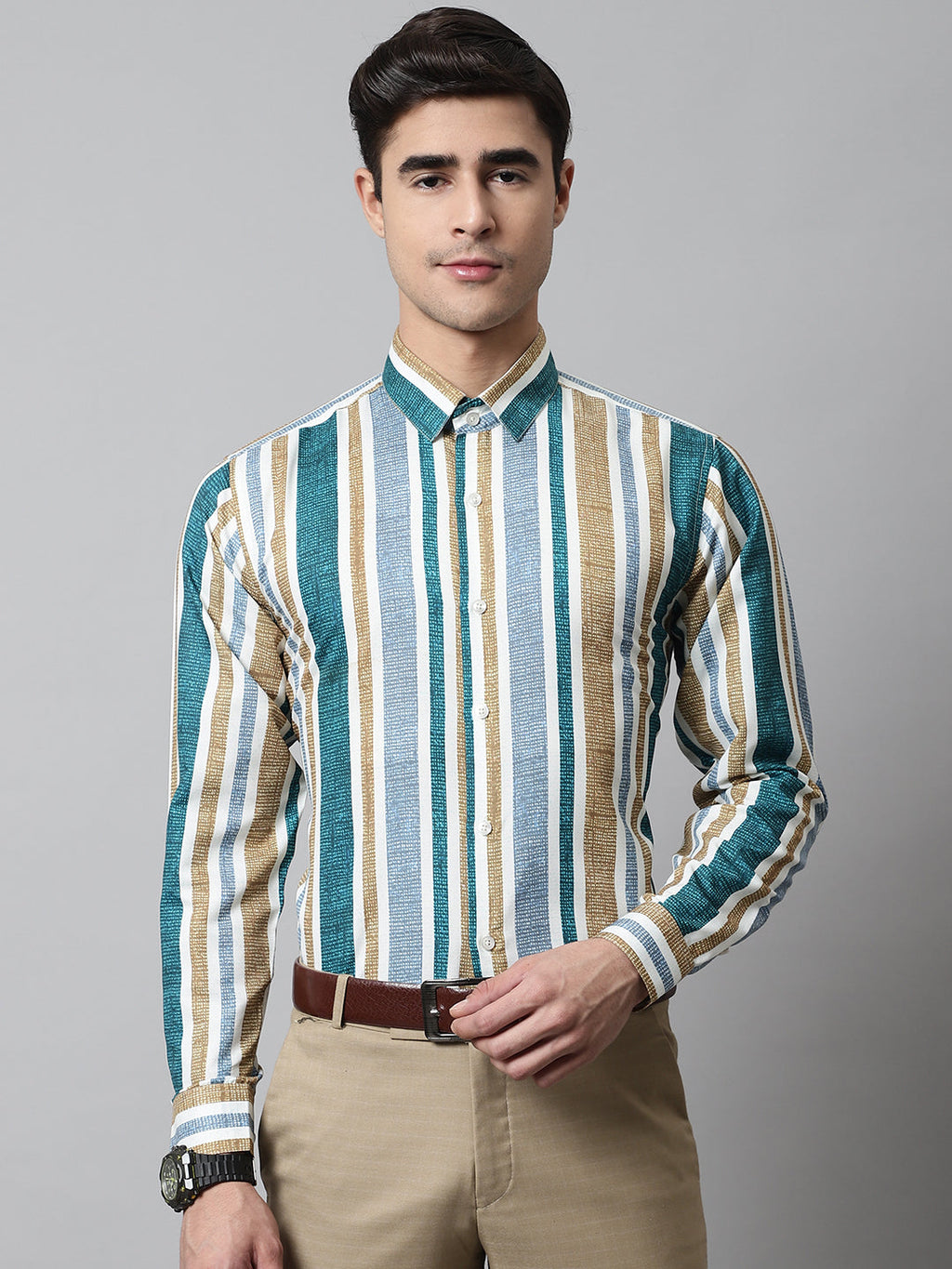 Jainish Men's Green Classic Striped Formal Shirt | Grocsy