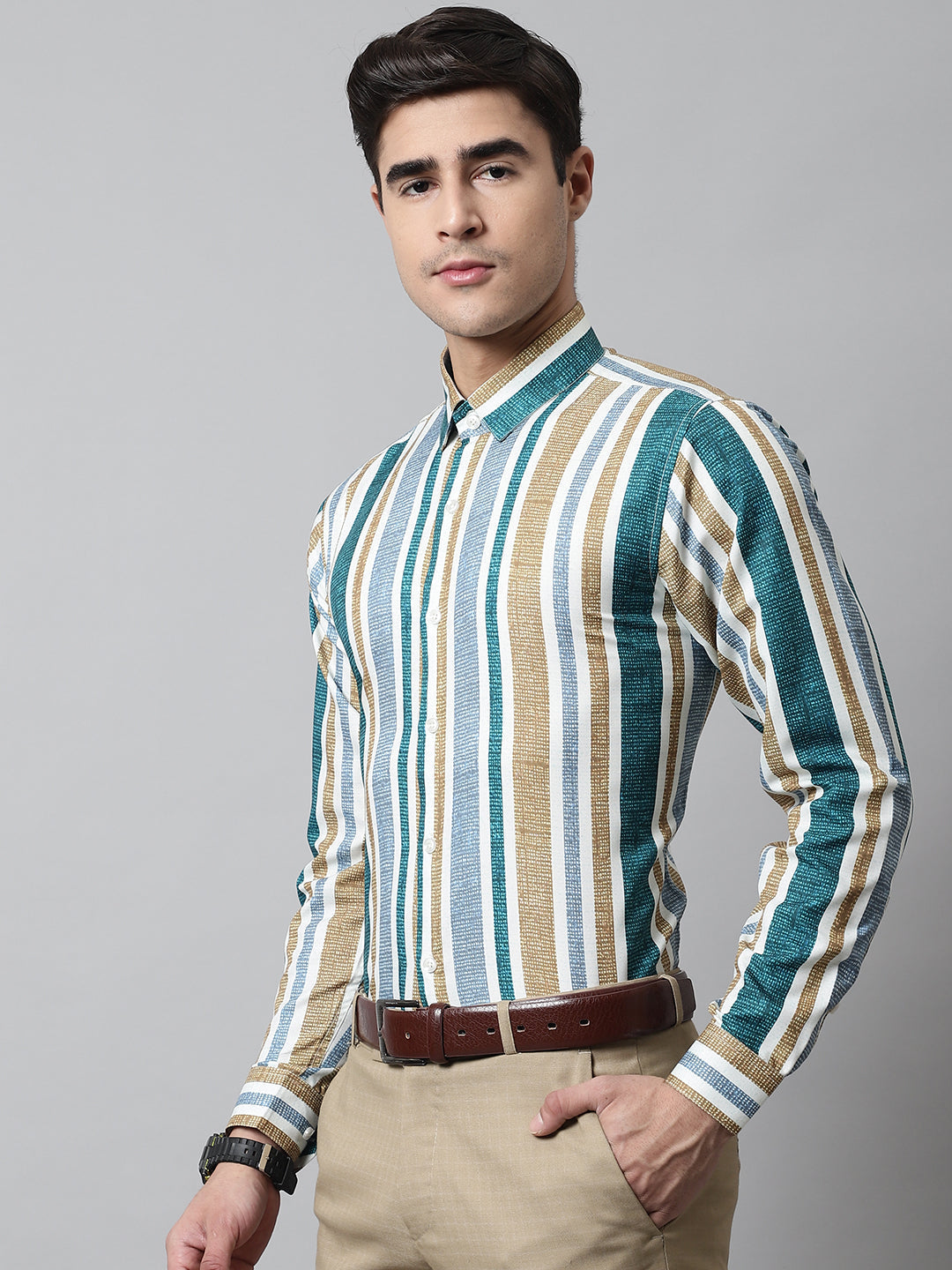 Jainish Men's Green Classic Striped Formal Shirt | Grocsy