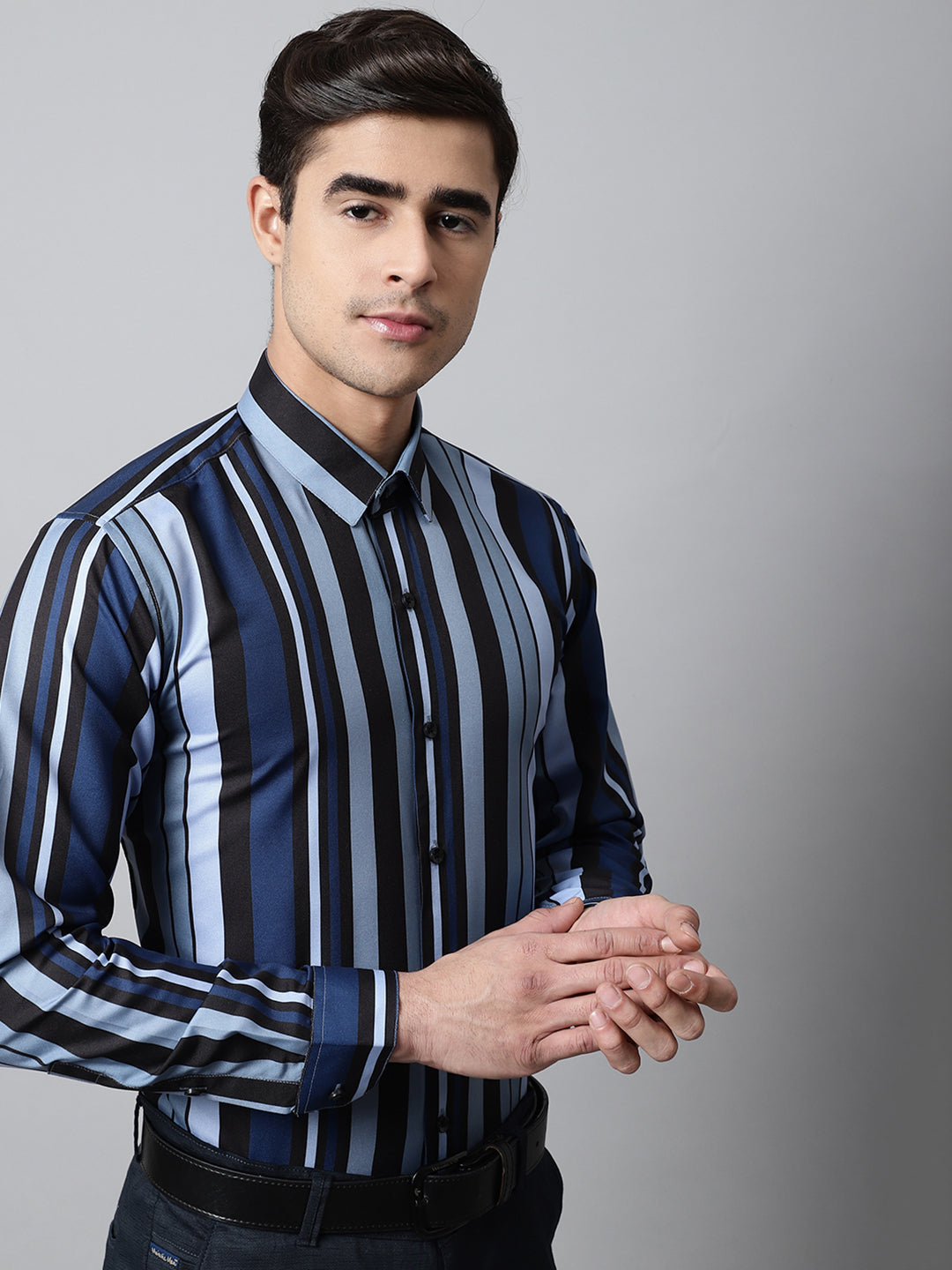 Jainish Men's Grey Classic Striped Formal Shirt | Grocsy