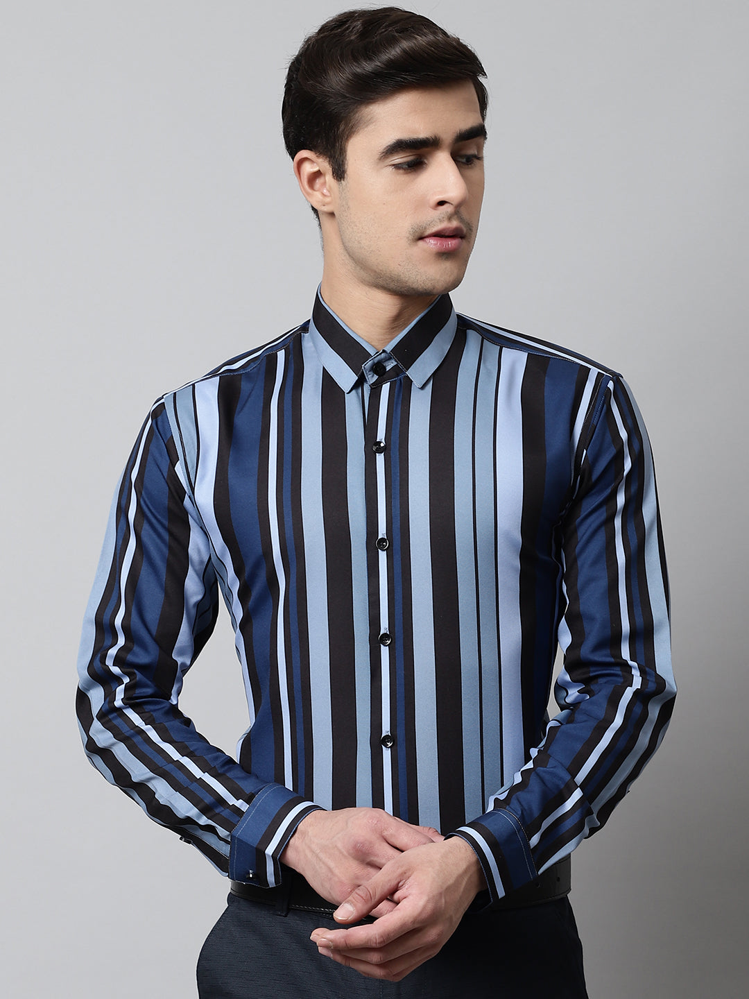 Jainish Men's Grey Classic Striped Formal Shirt | Grocsy