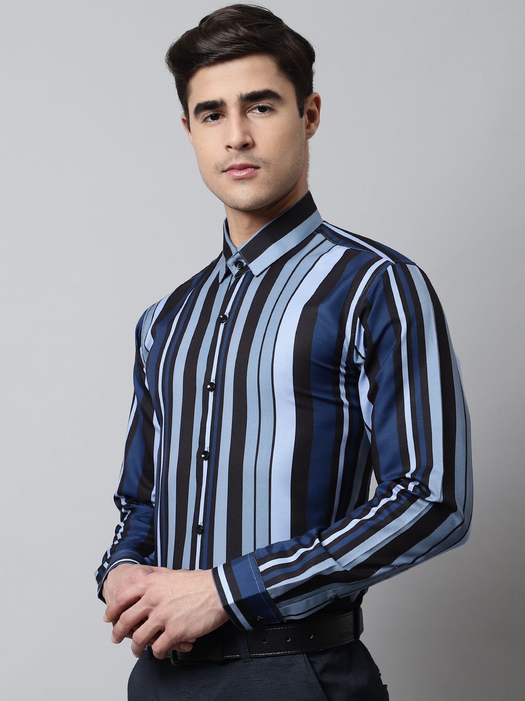 Jainish Men's Grey Classic Striped Formal Shirt | Grocsy