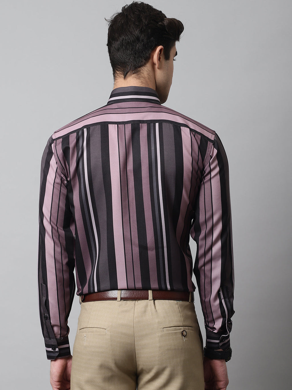 Jainish Men's Wine and Black Classic Striped Formal Shirt | Grocsy