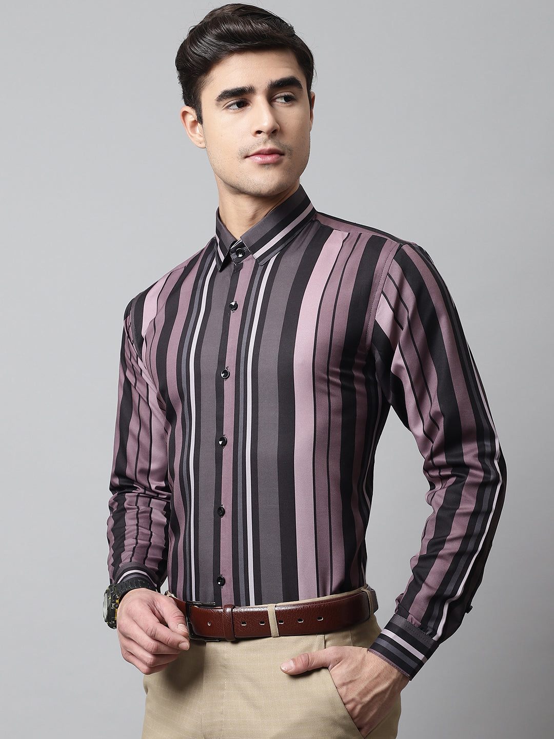 Jainish Men's Wine and Black Classic Striped Formal Shirt | Grocsy