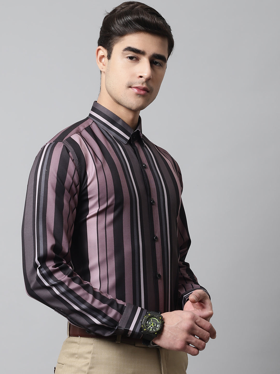Jainish Men's Wine and Black Classic Striped Formal Shirt | Grocsy