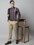 Jainish Men's Wine and Black Classic Striped Formal Shirt | Grocsy