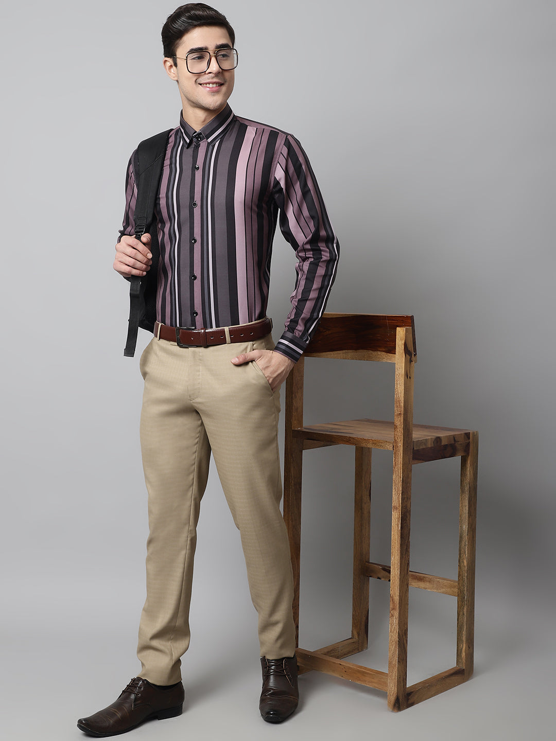 Jainish Men's Wine and Black Classic Striped Formal Shirt | Grocsy