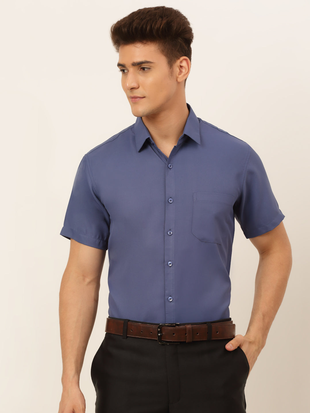 Jainish Men's Cotton Solid Formal Shirt - Blue | Grocsy