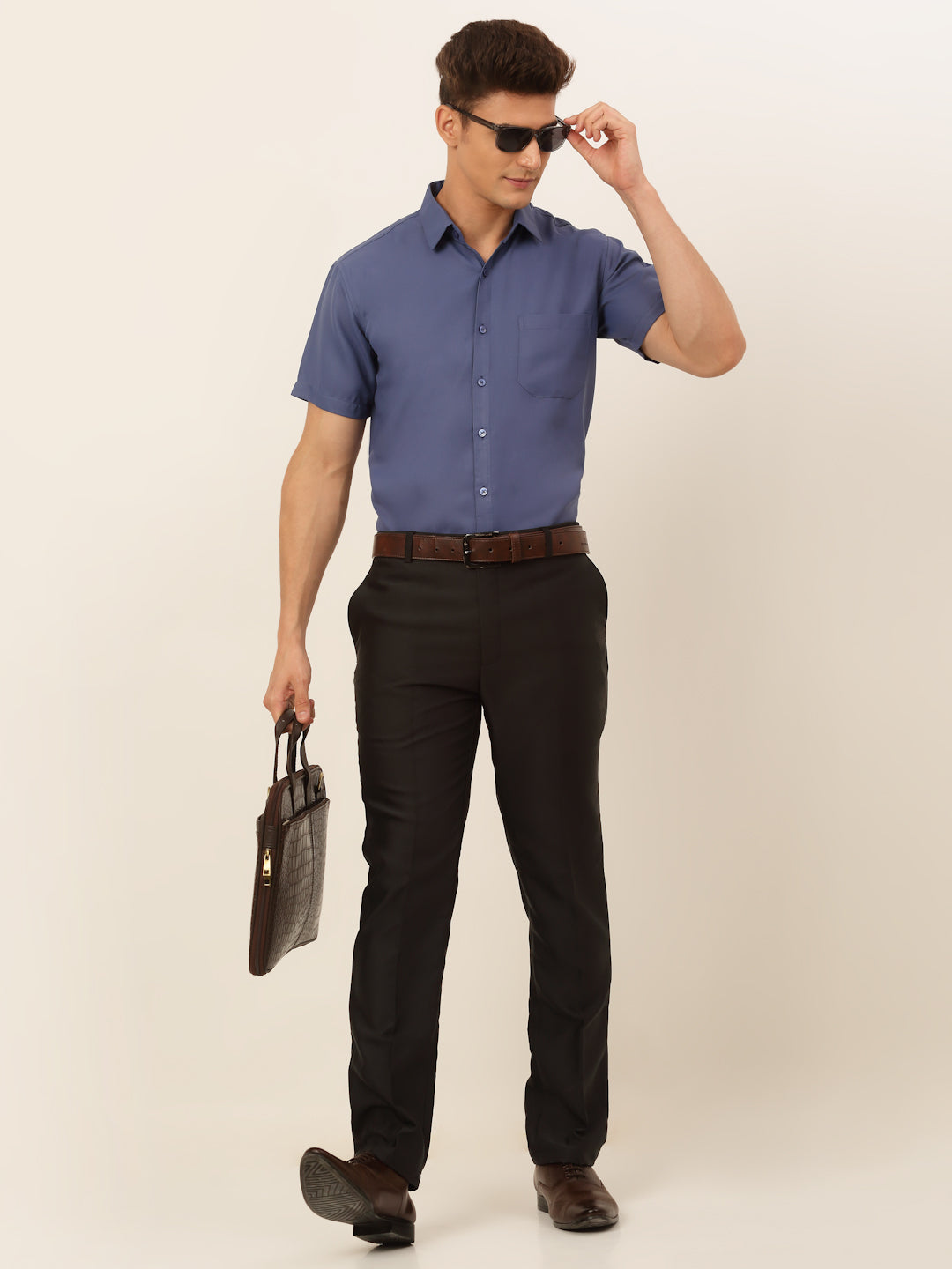 Jainish Men's Cotton Solid Formal Shirt - Blue | Grocsy