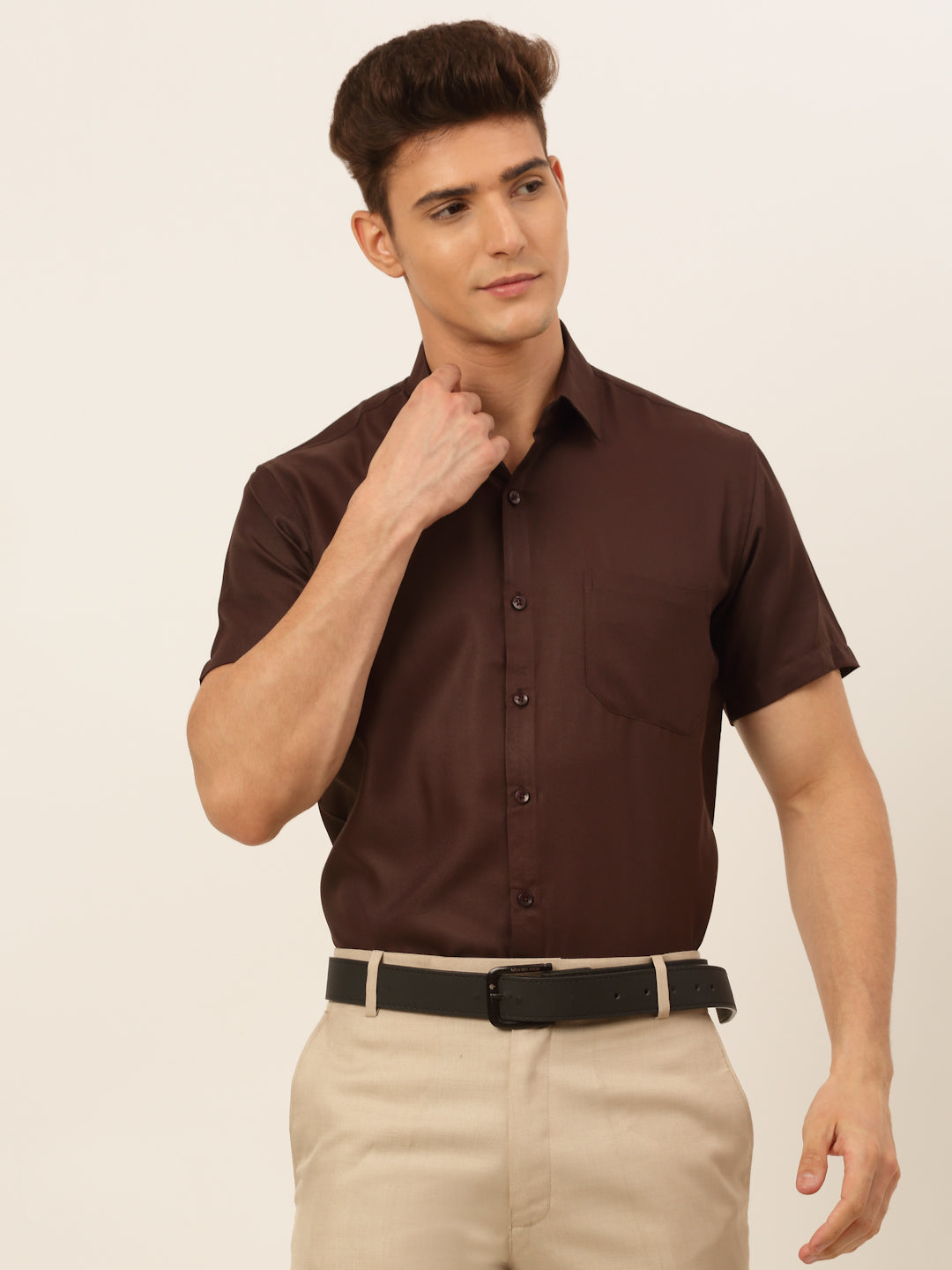 Jainish Men's Cotton Solid Formal Shirt - Coffee | Grocsy