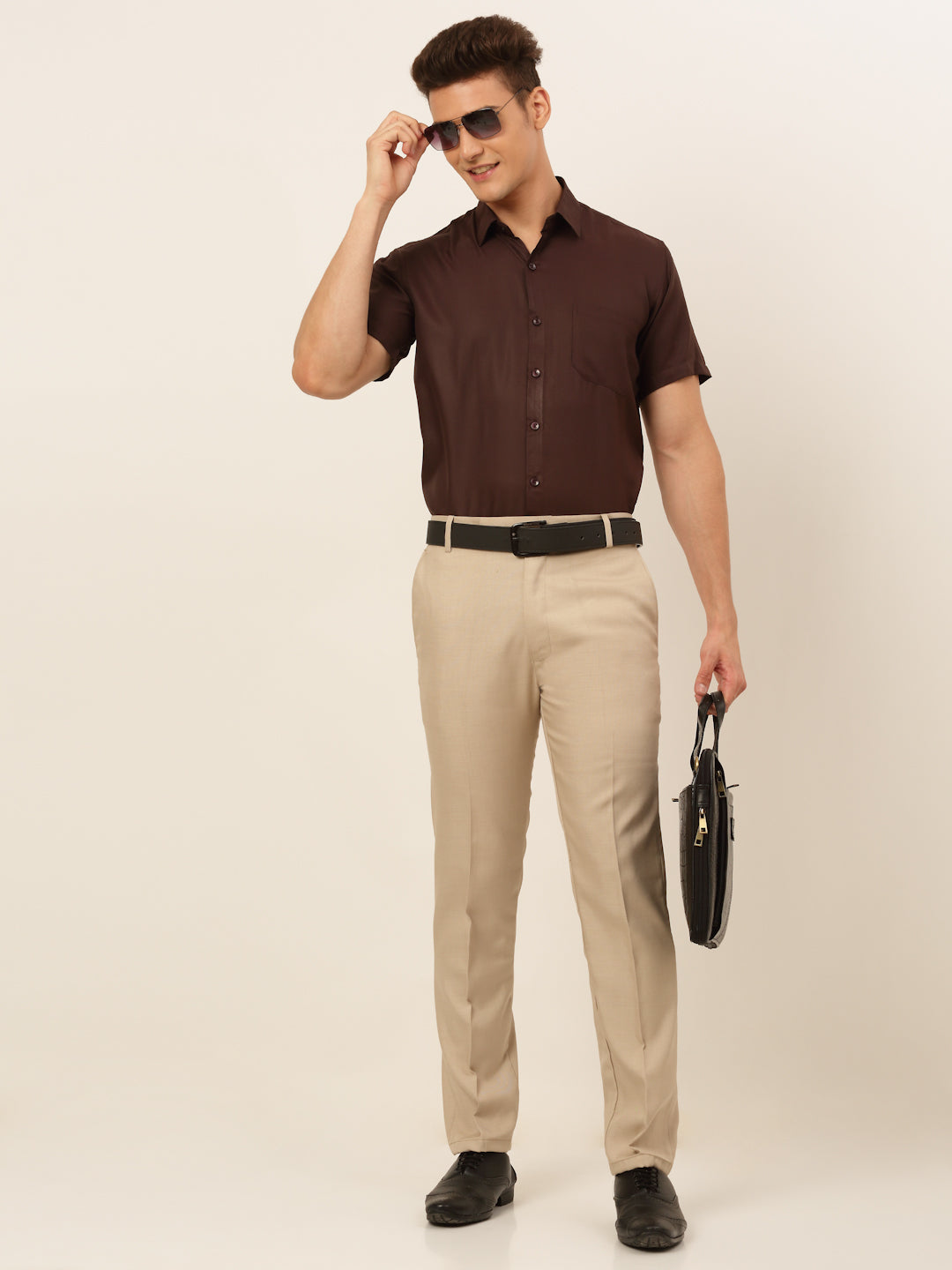 Jainish Men's Cotton Solid Formal Shirt - Coffee | Grocsy