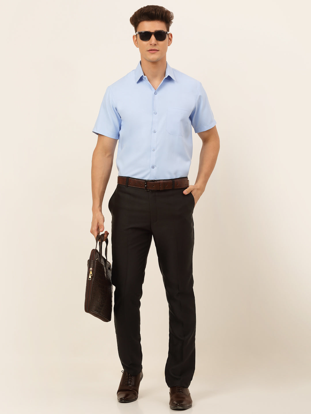 Jainish Men's Cotton Solid Formal Shirt - Firozi | Grocsy