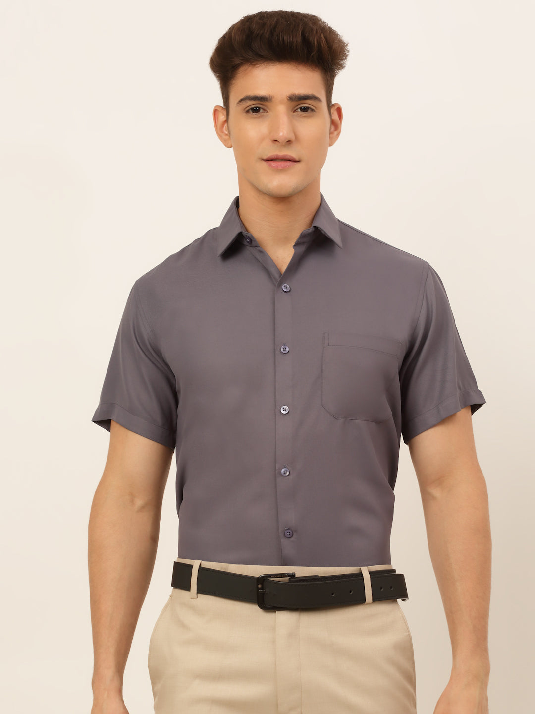 Jainish Men's Cotton Solid Formal Shirt - Grey | Grocsy