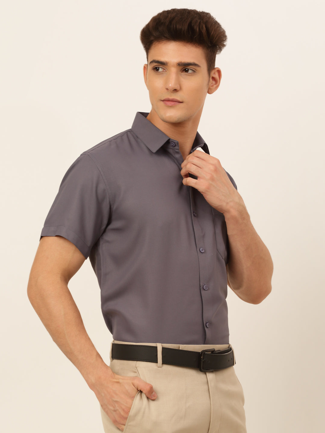 Jainish Men's Cotton Solid Formal Shirt - Grey | Grocsy