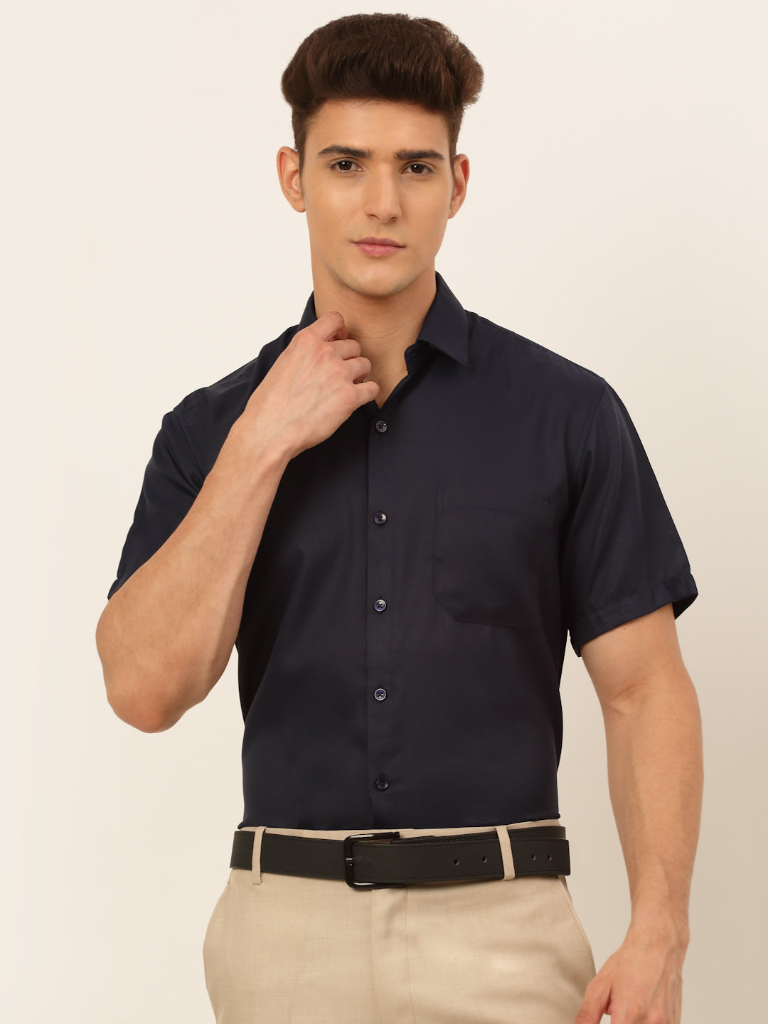 Jainish Men's Cotton Solid Formal Shirt - Navy Blue | Grocsy