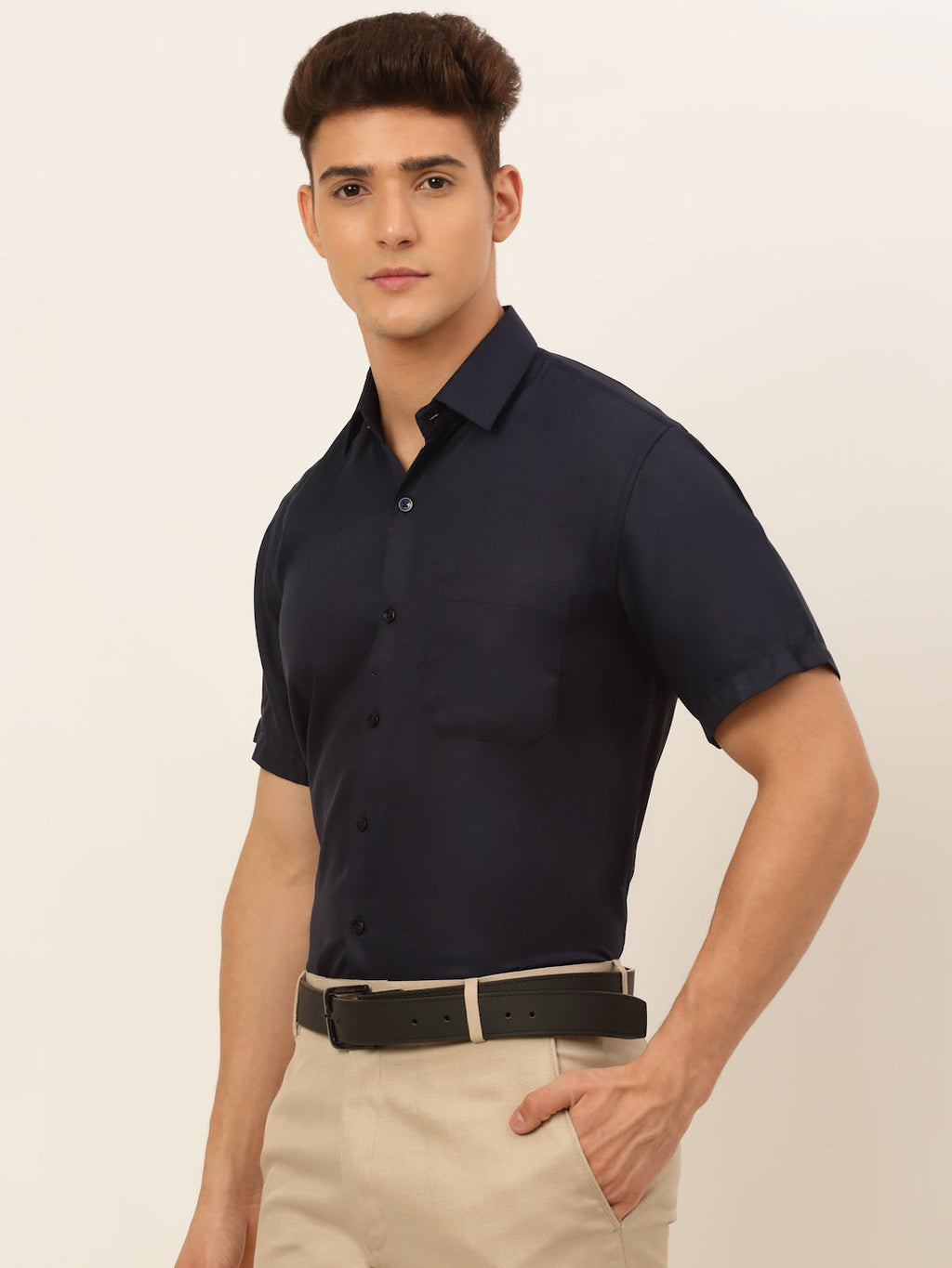 Jainish Men's Cotton Solid Formal Shirt - Navy Blue | Grocsy