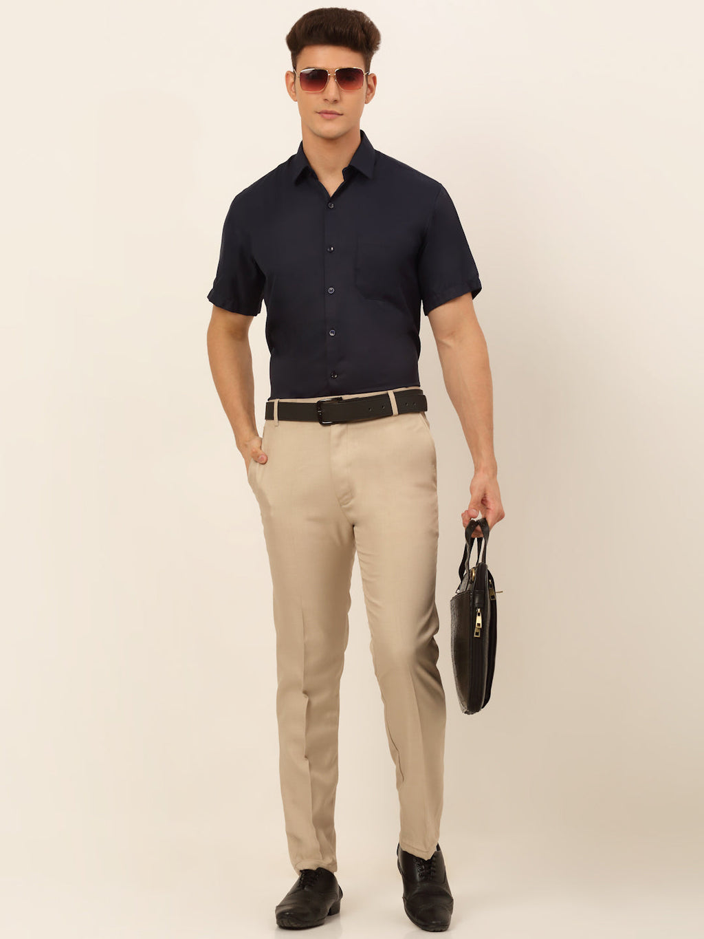 Jainish Men's Cotton Solid Formal Shirt - Navy Blue | Grocsy