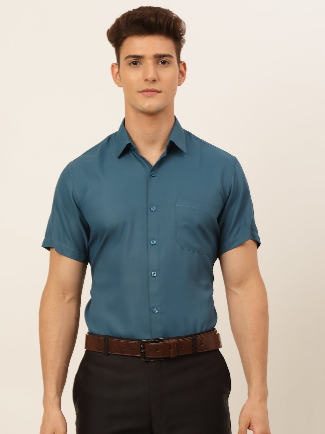 Jainish Men's Cotton Solid Formal Shirt - Teal | Grocsy