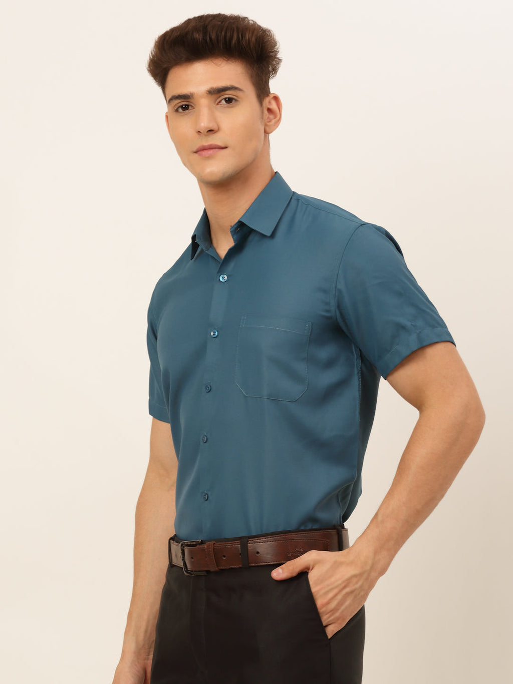 Jainish Men's Cotton Solid Formal Shirt - Teal | Grocsy