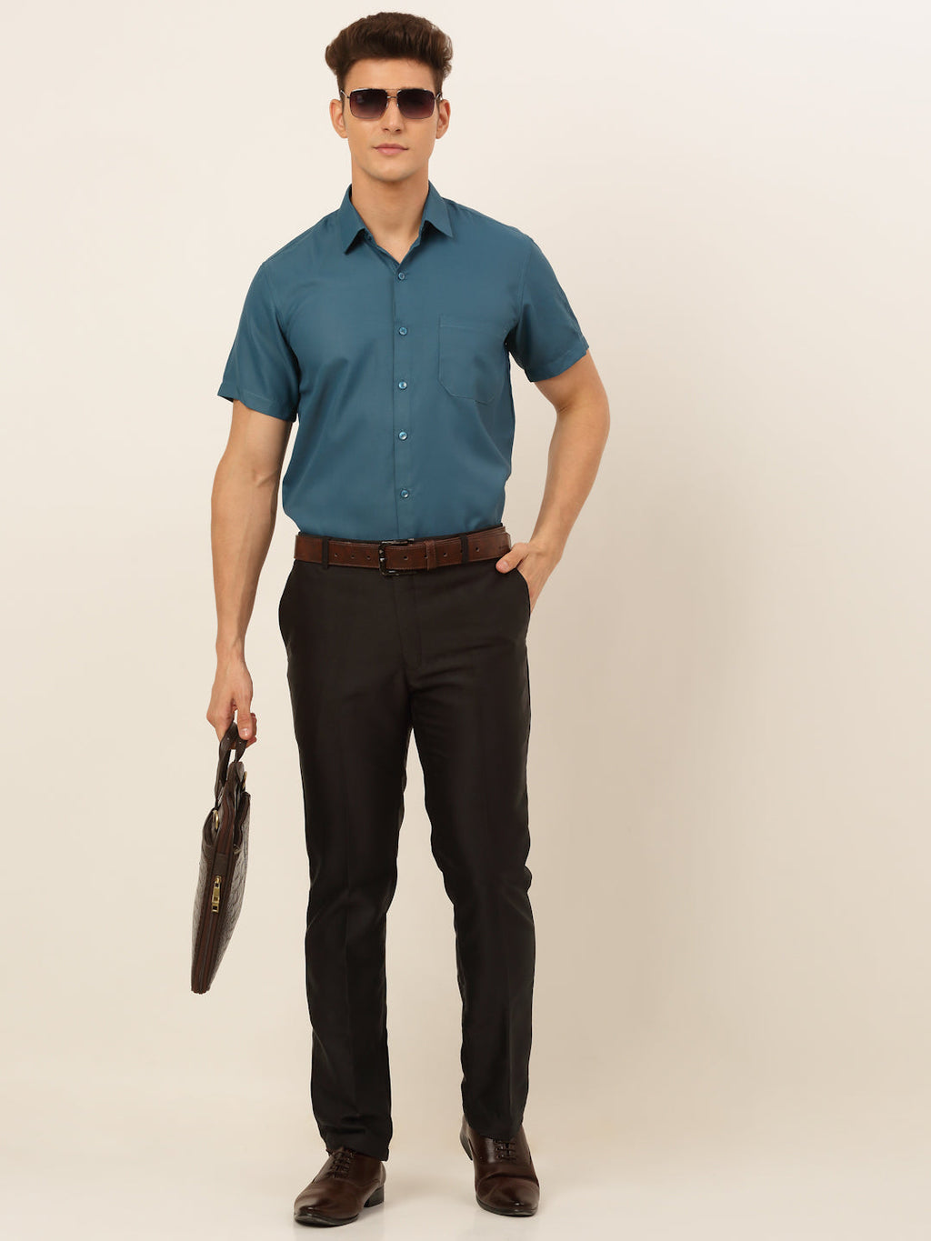 Jainish Men's Cotton Solid Formal Shirt - Teal | Grocsy