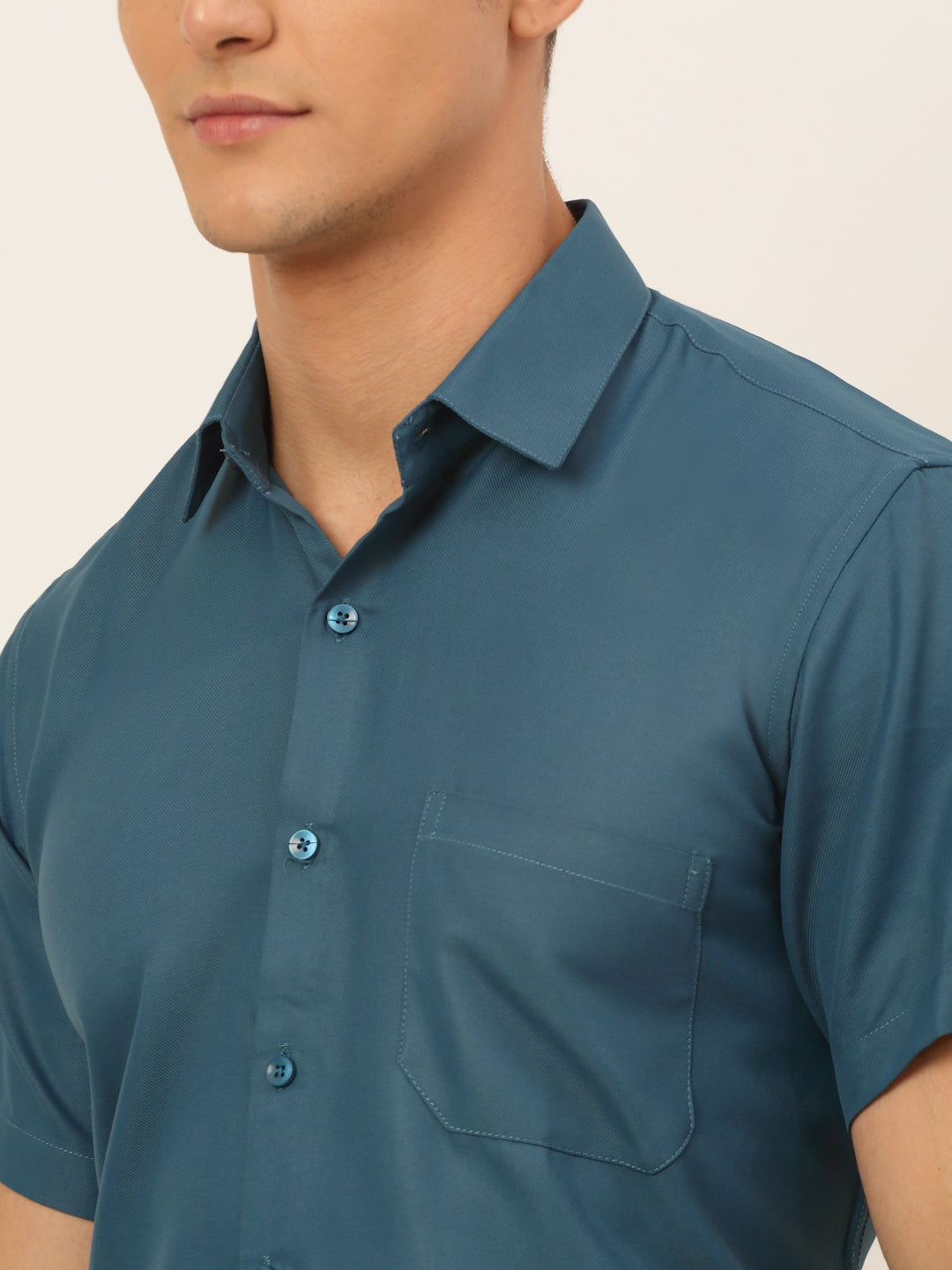 Jainish Men's Cotton Solid Formal Shirt - Teal | Grocsy