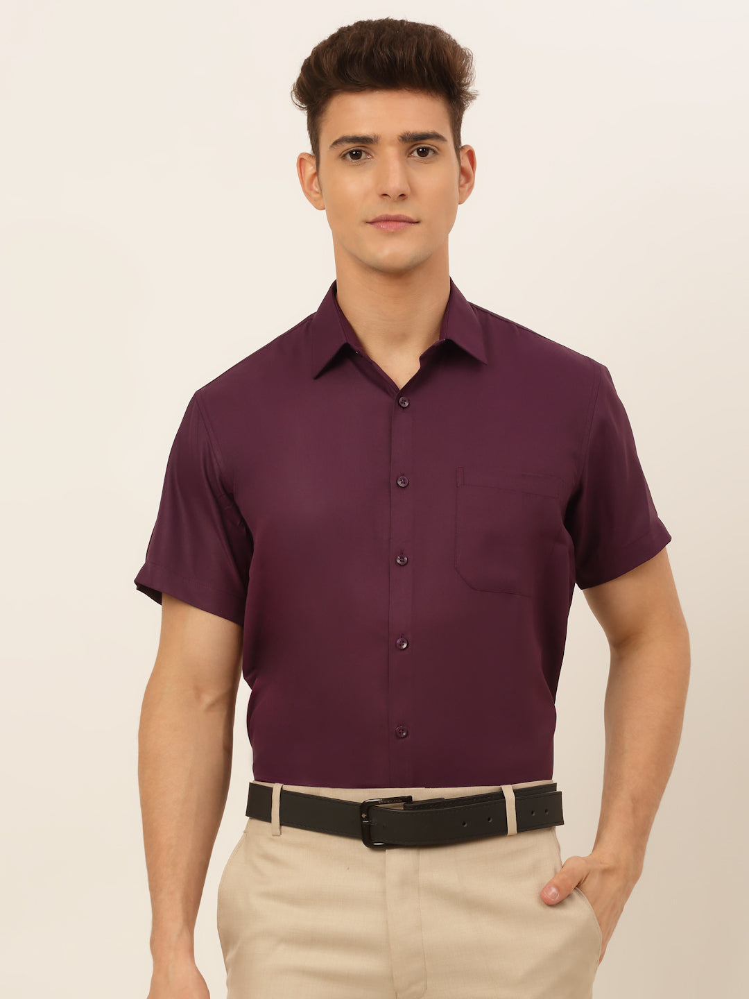 Jainish Men's Cotton Solid Formal Shirt - Wine | Grocsy