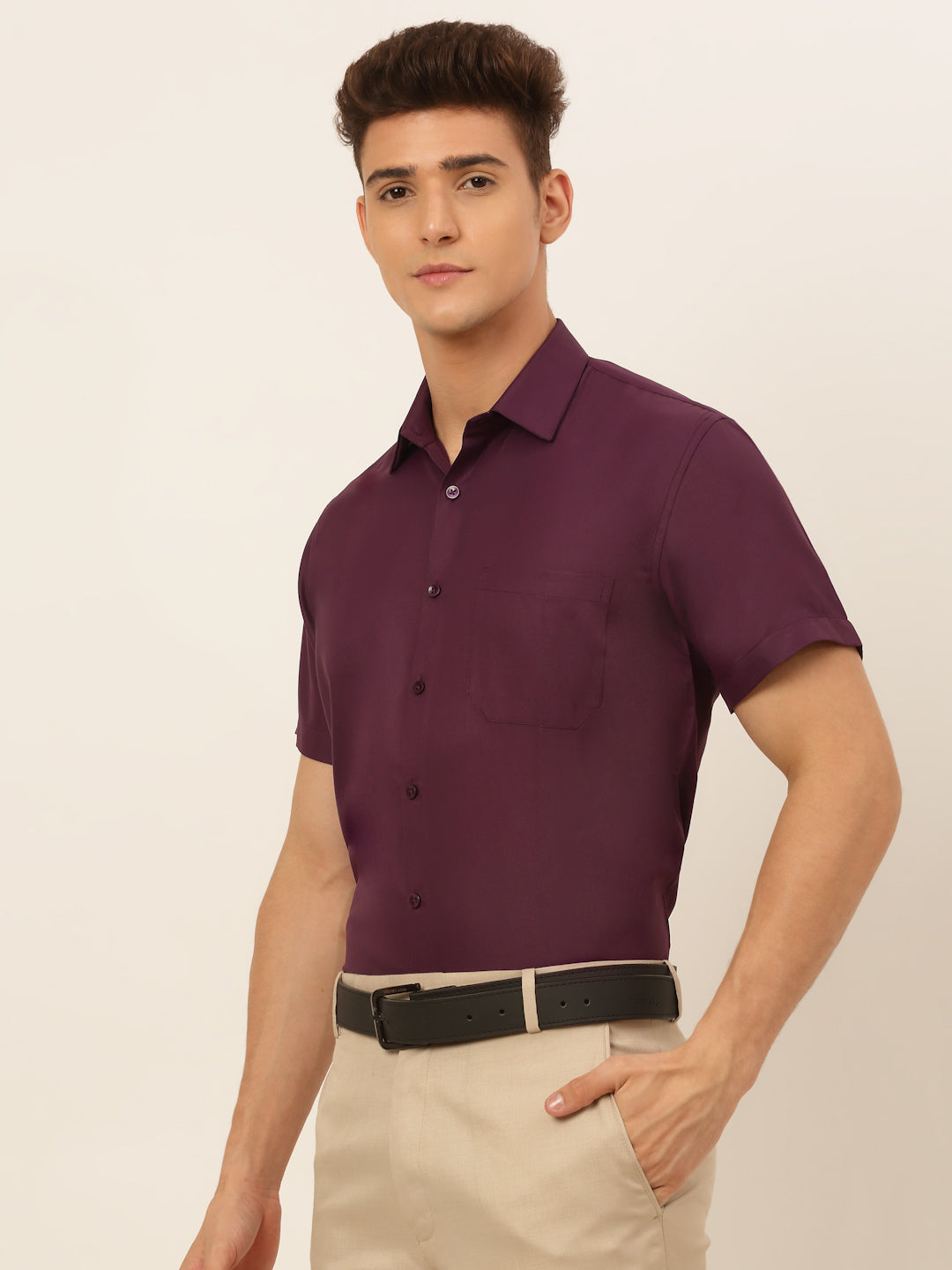 Jainish Men's Cotton Solid Formal Shirt - Wine | Grocsy