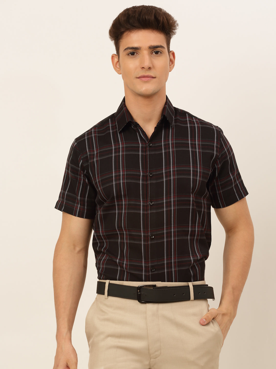 Jainish Men's Cotton Checked Formal Shirts - Black | Grocsy