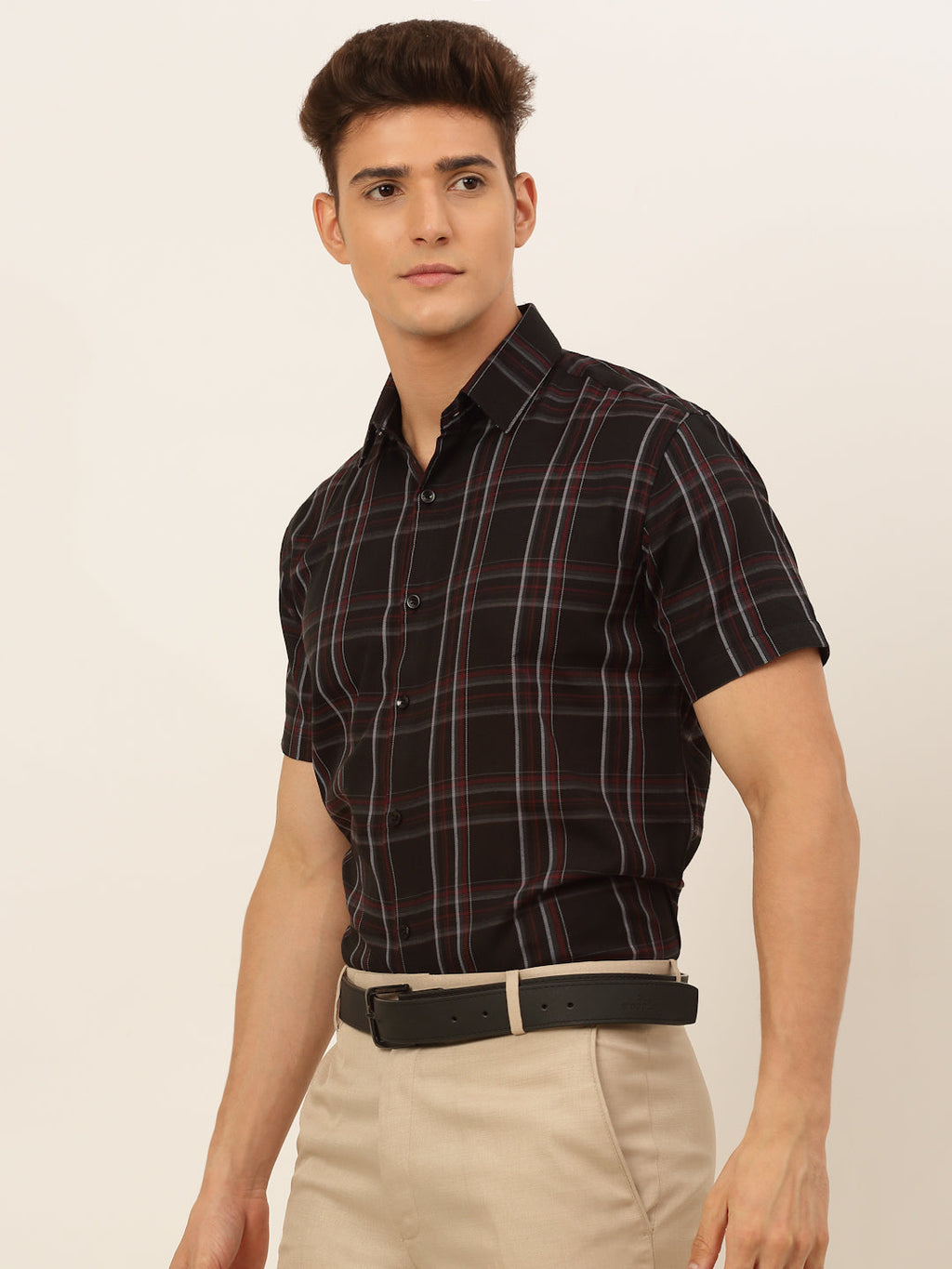 Jainish Men's Cotton Checked Formal Shirts - Black | Grocsy