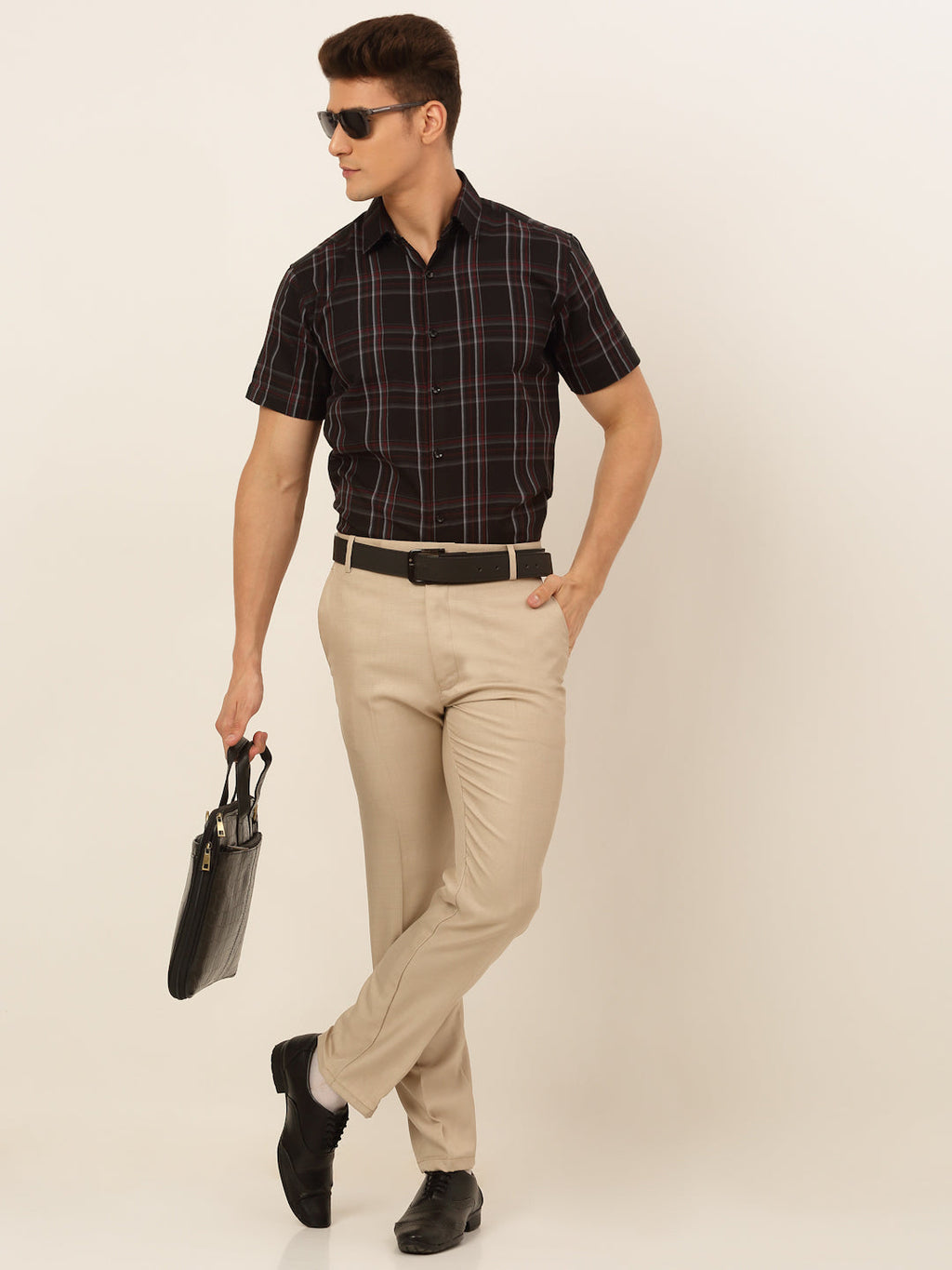 Jainish Men's Cotton Checked Formal Shirts - Black | Grocsy