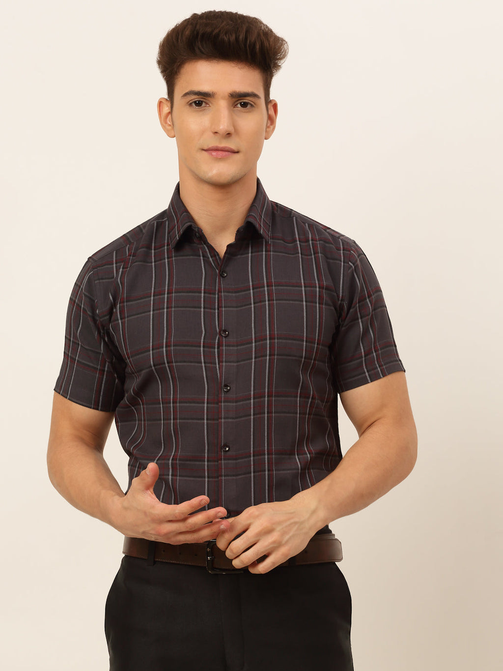 Jainish Men's Cotton Checked Formal Shirts - Brown | Grocsy