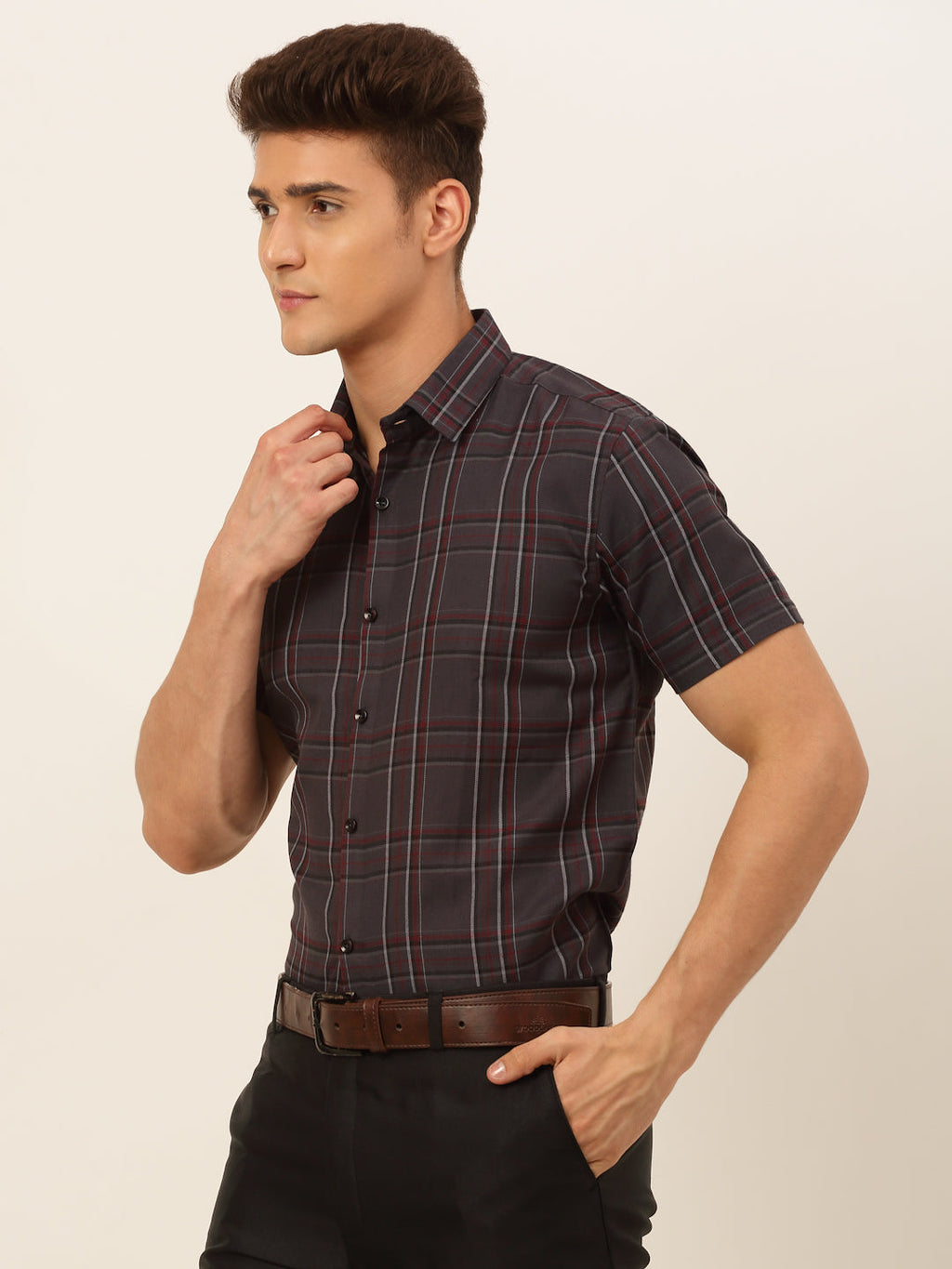 Jainish Men's Cotton Checked Formal Shirts - Brown | Grocsy
