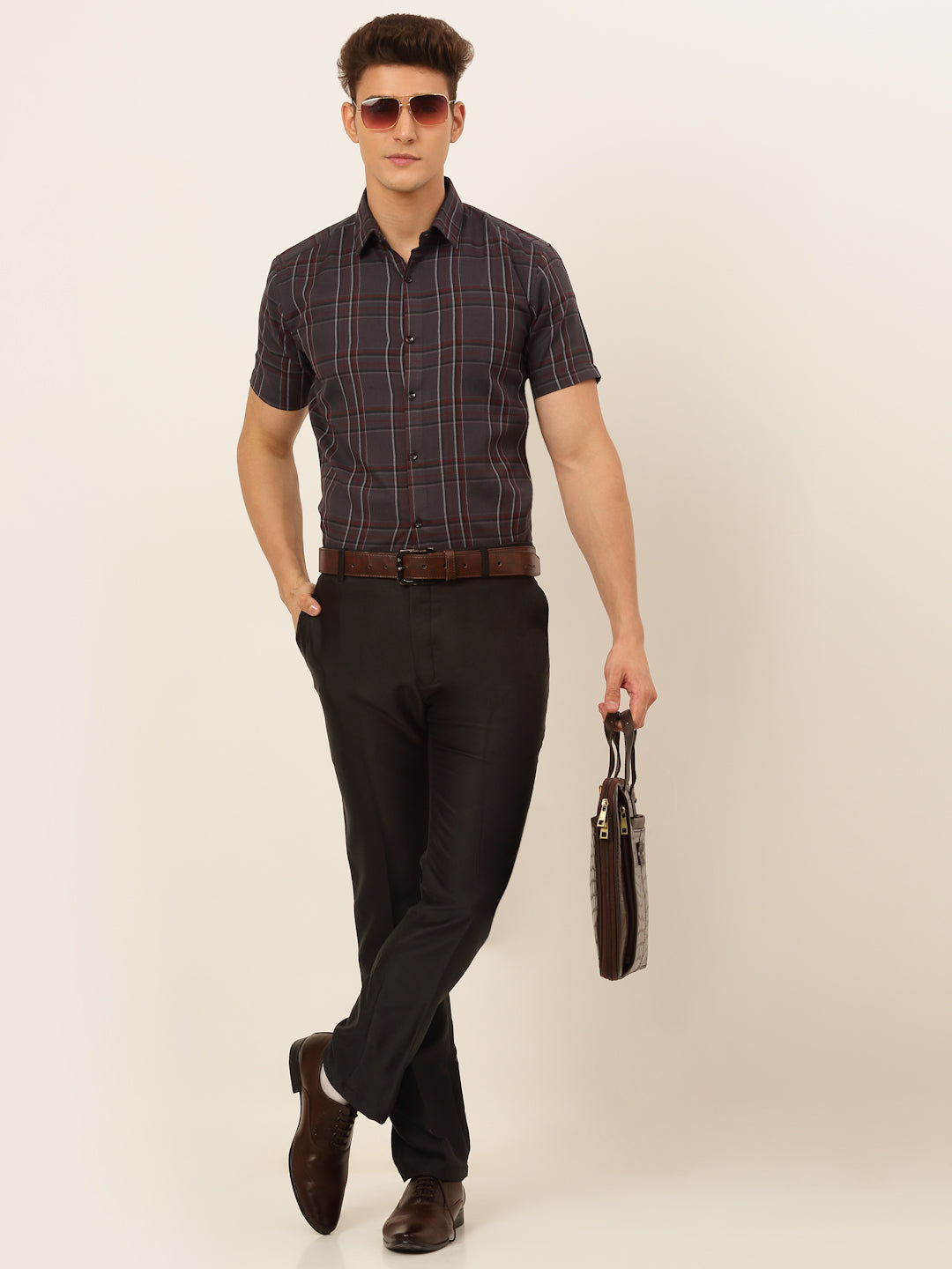 Jainish Men's Cotton Checked Formal Shirts - Brown | Grocsy