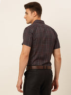 Jainish Men's Cotton Checked Formal Shirts - Brown | Grocsy