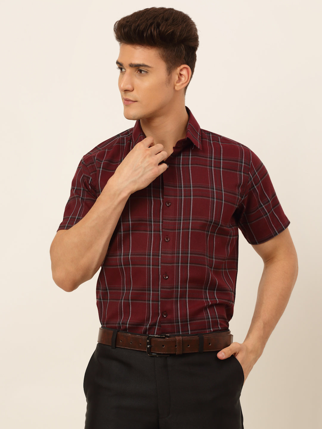 Jainish Men's Cotton Checked Formal Shirts - Maroon | Grocsy